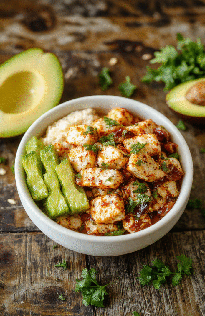 Easy Chicken Fajita Burrito Bowl for Weeknight Dinner Featured Image Colorful chicken fajita burrito bowl plated with vibrant red and green bell peppers, tender grilled chicken strips, fresh cilantro, and melted cheese on a rustic wooden table, styled simply with natural lighting highlighting textures and fresh ingredients.
