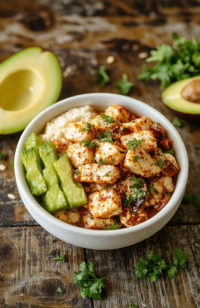 Colorful chicken fajita burrito bowl plated with vibrant red and green bell peppers, tender grilled chicken strips, fresh cilantro, and melted cheese on a rustic wooden table, styled simply with natural lighting highlighting textures and fresh ingredients.