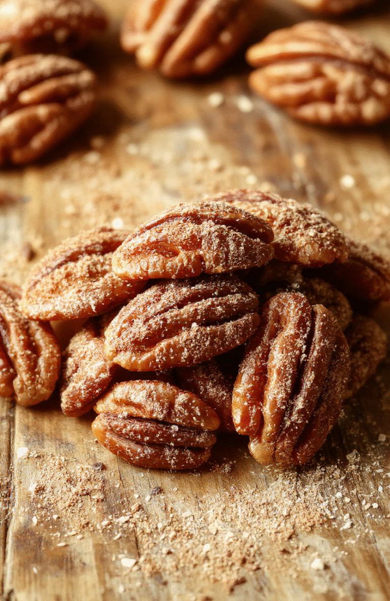 Golden-brown cinnamon sugar pecans piled elegantly on a white plate, showcasing the crispy texture and sticky coating. The pecans are sprinkled with a light dusting of cinnamon sugar, with some scattered around for a rustic look. The background is blurred with warm tones, emphasizing the glossy, caramelized surface and inviting aroma.