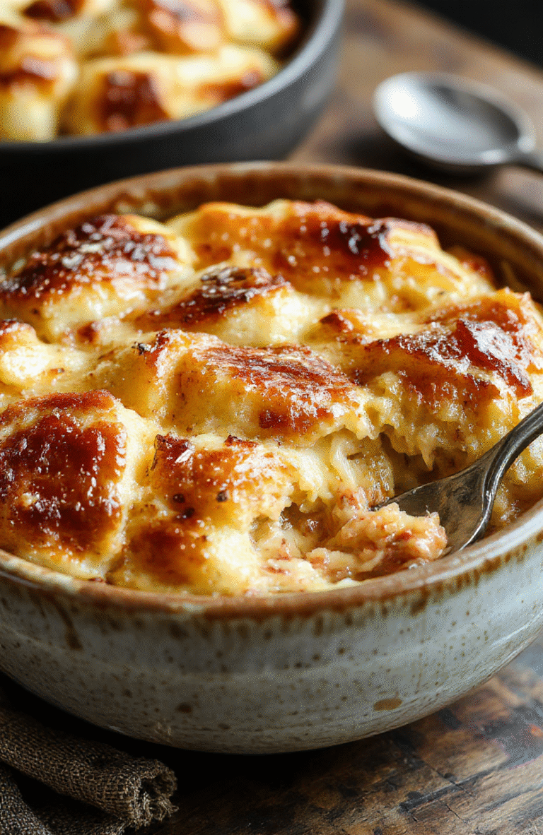 A warm, golden-brown bread pudding sliced to reveal its soft, custardy interior topped with a dusting of powdered sugar and a drizzle of caramel sauce, presented in a rustic ceramic dish, surrounded by fresh cinnamon sticks and a cup of coffee, styled simply for an inviting, homey atmosphere.