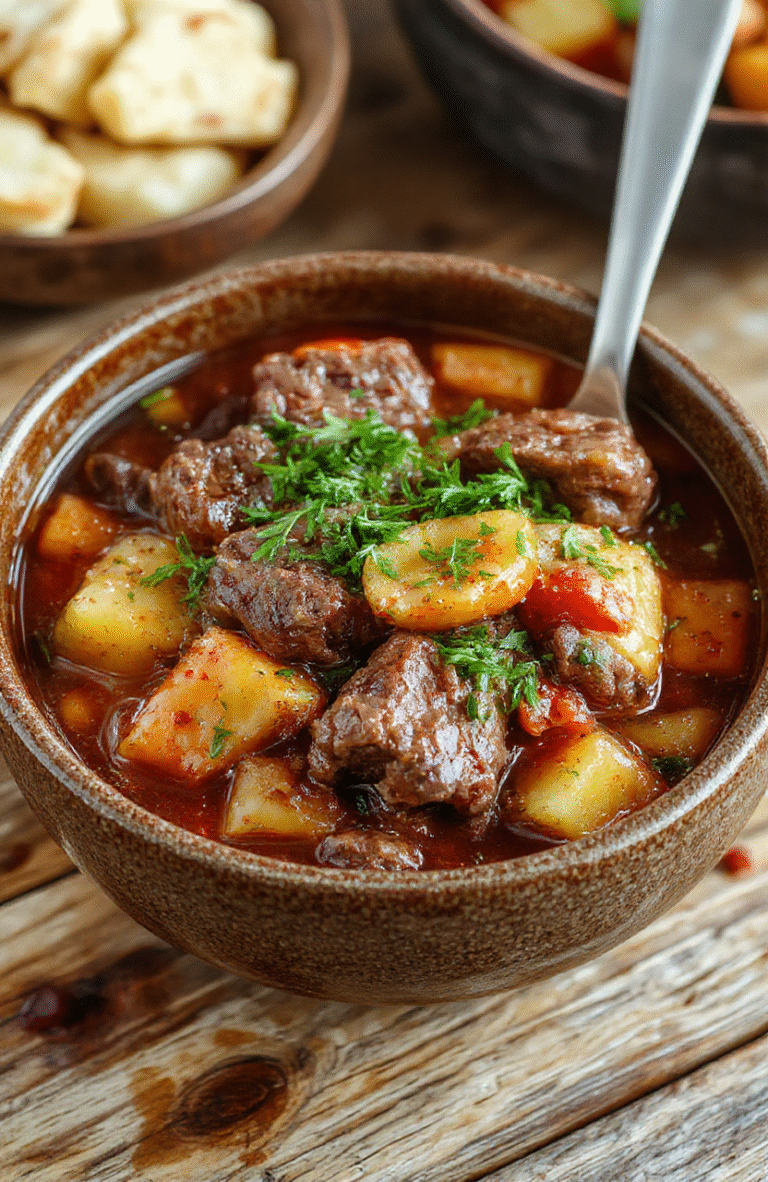 A steaming bowl of hearty beef stew with tender chunks of beef, carrots, potatoes, and celery in a rich, thick gravy. The stew is garnished with fresh herbs and presented in a rustic ceramic bowl on a wooden table. The background is softly blurred, emphasizing the flavorful textures and inviting warmth of the dish.