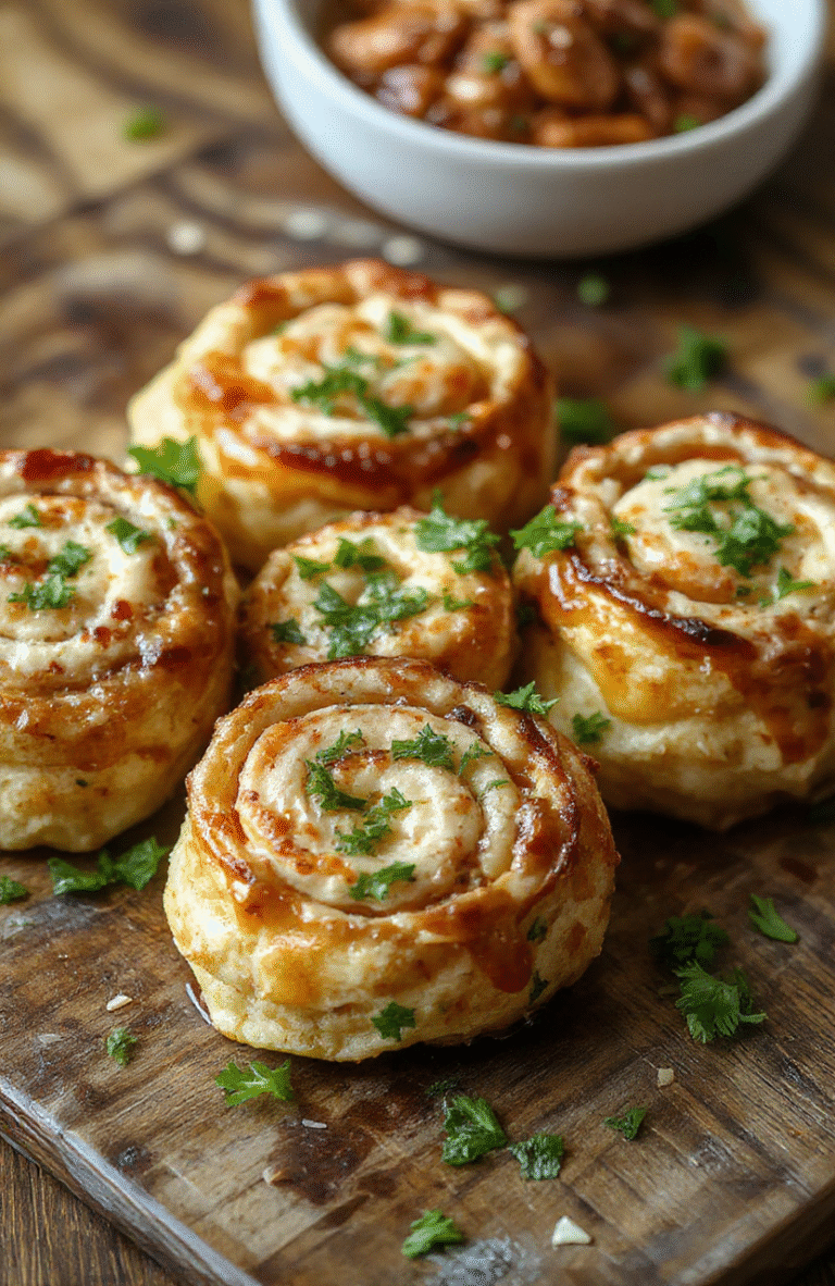 Colorful chicken crack pinwheels arranged on a white serving platter, showcasing golden crispy layers filled with creamy cheese and shredded chicken, garnished with chopped herbs. The pinwheels are sliced to reveal tender, cheesy interiors with crispy edges, styled for a casual appetizer presentation, with a blurred background highlighting a cozy football game setting.