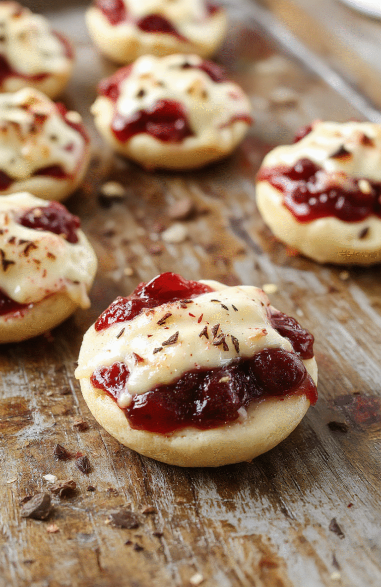 A close-up of golden baked cranberry brie bites arranged on a white plate, topped with fresh cranberries and chopped nuts, with a creamy interior visible, styled with sprigs of thyme and a rustic wooden background.