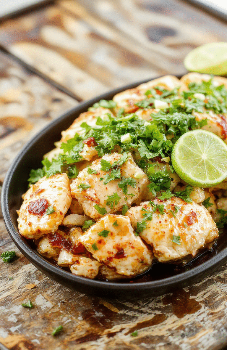 A vibrant bowl of shredded cilantro lime chicken garnished with fresh lime wedges and cilantro, served on a rustic wooden table with colorful vegetables and a side of rice, showcasing juicy, tender chicken with a fresh, zesty appearance.