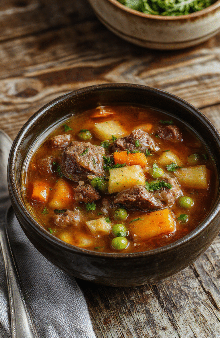A hearty bowl of Poor Man's Stew with chunks of beef, potatoes, carrots, and peas, topped with fresh herbs, served in a rustic bowl on a wooden table with a spoon, steam rising, vibrant colors, cozy and inviting presentation.