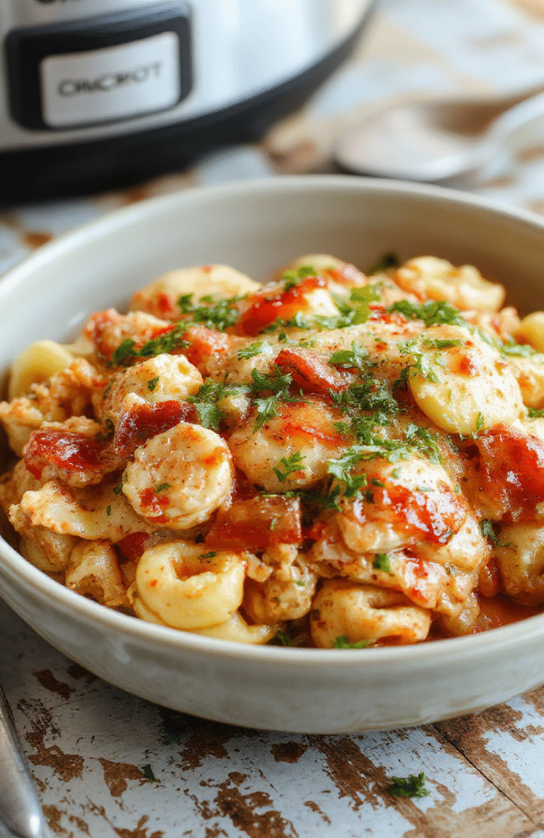 A vibrant bowl of creamy chicken tortellini with tender pasta, shredded chicken, and fresh herbs on a rustic wooden table. The dish is topped with grated cheese, with a rich, velvety sauce and colorful vegetables. The presentation emphasizes warm, comforting textures and appealing Italian flavors, styled with casual yet inviting décor.