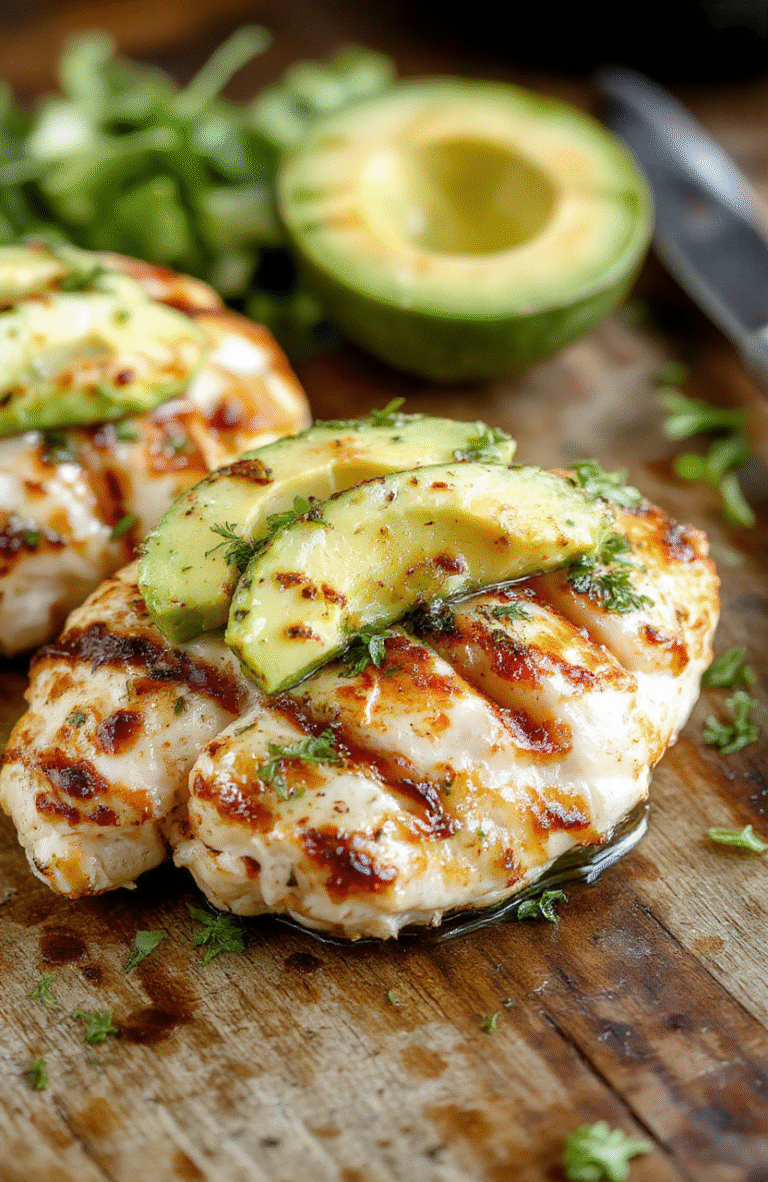 A vibrant plate featuring sliced grilled chicken topped with fresh California avocado slices, garnished with cilantro and lime wedges on a rustic wooden platter, with a colorful salad on the side. Textured chicken with char marks contrasts with creamy avocado with a smooth surface, all styled with natural lighting and soft shadows for an inviting look.