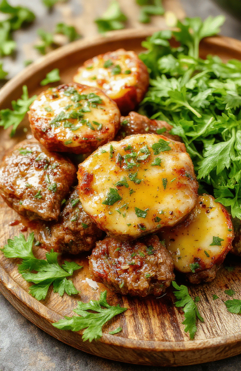 A close-up of golden-brown beef bites glazed with garlic butter sauce, garnished with chopped parsley on a rustic wooden plate, with a side of fresh herbs and a cloth napkin, showcasing the juicy, tender texture and rich flavor of the dish, styled with warm lighting to enhance its hearty appeal.