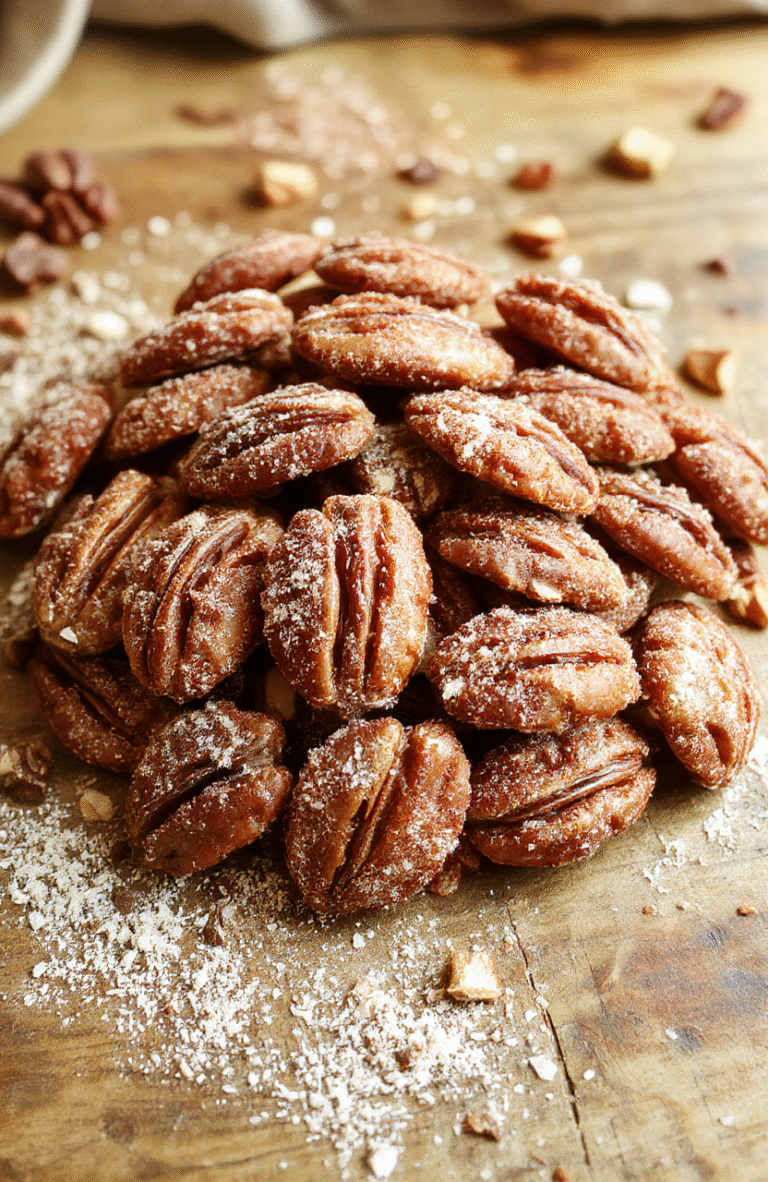 A close-up of a bowl of glossy, golden-brown cinnamon sugar pecans, styled on a rustic wooden surface with a sprinkle of cinnamon on top, highlighting their crunchy texture and caramelized coating.