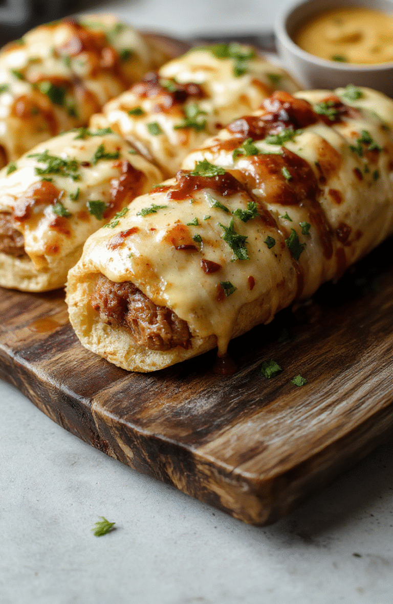 A close-up of golden-brown keto Philly cheesesteak rolls arranged on a rustic wooden platter, filled with tender steak, melted cheese, and vibrant bell peppers, garnished with fresh herbs, all styled casually with natural lighting highlighting their crispy edges and gooey interior.
