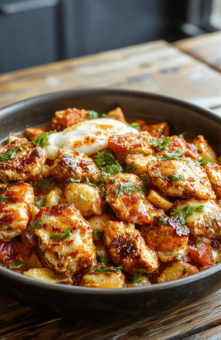 A colorful plate of chicken fajitas featuring seasoned grilled chicken strips, vibrant red and green bell peppers, and onions on a rustic wooden table, garnished with fresh cilantro and lime wedges, with a side of warm flour tortillas, styled casually for an inviting meal.