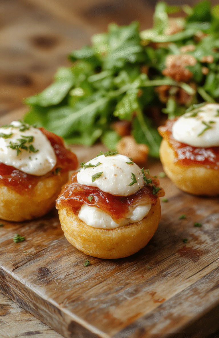 Colorful prosciutto wrapped mozzarella bites arranged on a white ceramic platter, with the golden crispy prosciutto contrasting the soft white mozzarella, garnished with fresh basil leaves for a pop of green, styled with rustic wooden background and subtle shadows highlighting textures.