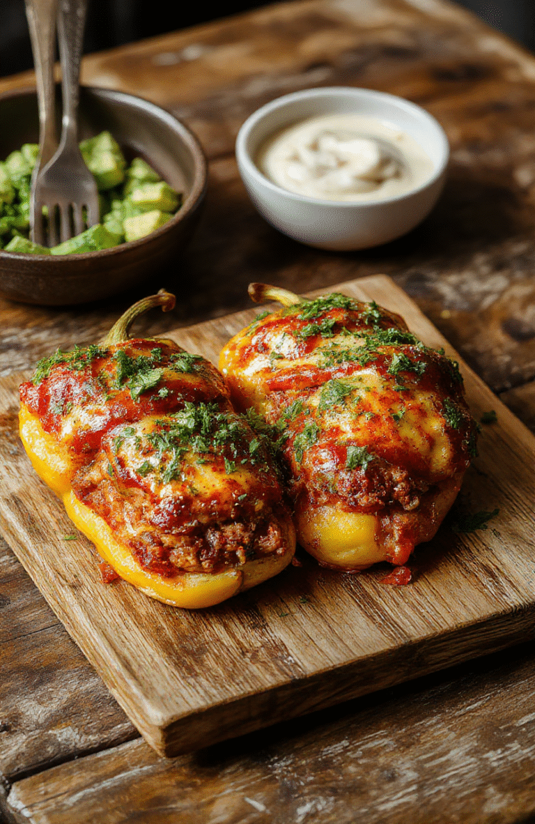 Colorful bell peppers filled with seasoned ground beef, cheese, and fresh toppings on a rustic wooden table. The peppers are vibrant red, yellow, and green with melted cheese and fresh herbs, styled simply to emphasize the delicious, cheesy stuffing and crisp peppers, with a slight sheen from the melted cheese and a sprinkle of fresh herbs on top.