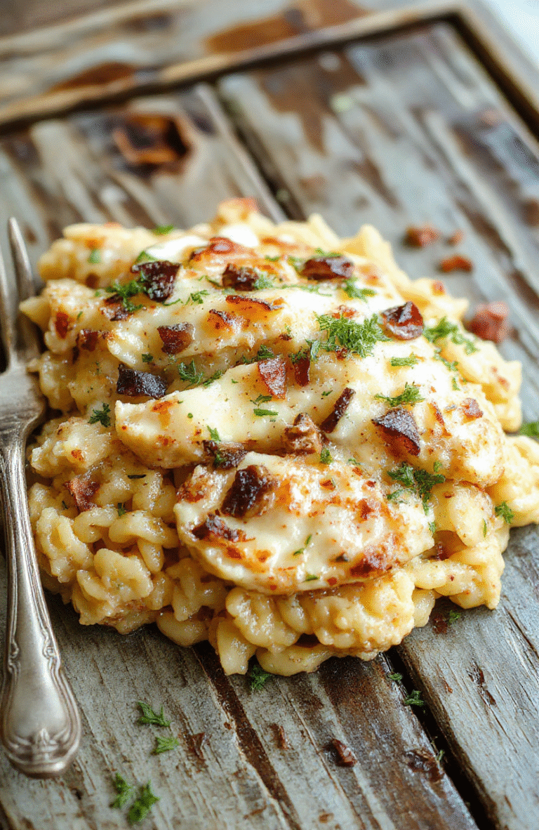 A creamy French onion chicken orzo casserole in a rustic white baking dish, topped with melted golden cheese and caramelized onions, garnished with fresh herbs, styled on a wooden table with a warm, inviting atmosphere.