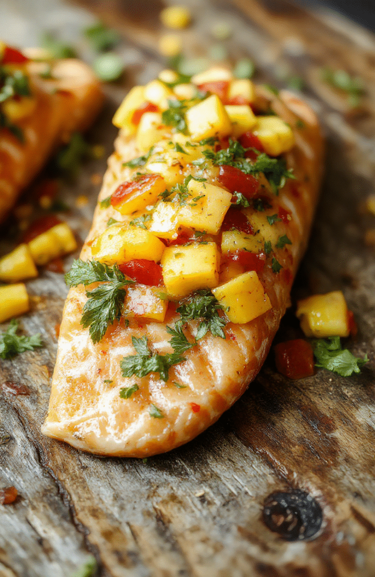 A vibrant plate featuring a perfectly cooked salmon fillet topped with a colorful, chunky mango salsa. The salsa includes diced ripe mango, red bell peppers, red onions, and cilantro, all glistening with a citrusy glaze. The presentation is clean and appetizing, with the salmon resting on a rustic wooden board, garnished with lime wedges and fresh herbs. Natural daylight highlights the bright, fresh ingredients, creating an inviting, healthy dish.