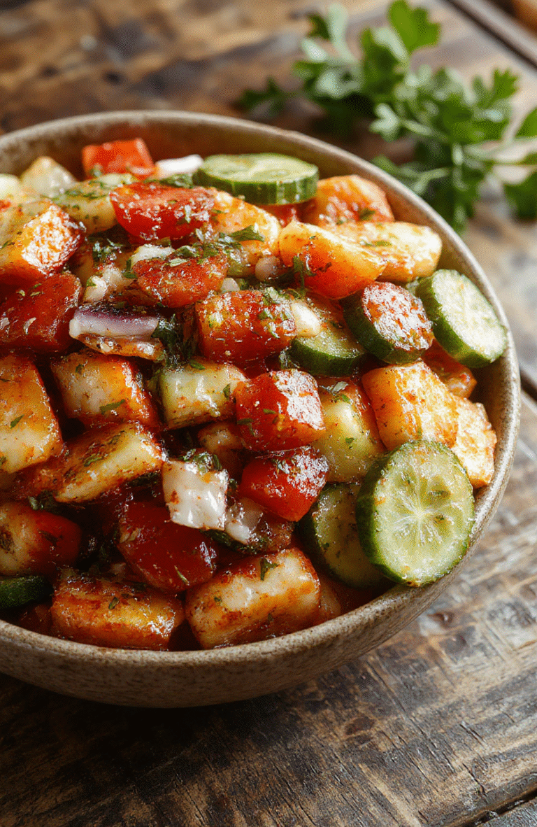 A vibrant Mediterranean salad featuring chopped fresh cucumber, ripe red tomatoes, and thinly sliced red onion arranged in a white ceramic bowl. The salad is topped with herbs like parsley and has a light drizzle of olive oil, with a rustic wooden background. The textures of crisp cucumber, juicy tomato, and crunchy onion are visually appealing, styled simply for a fresh, wholesome look.