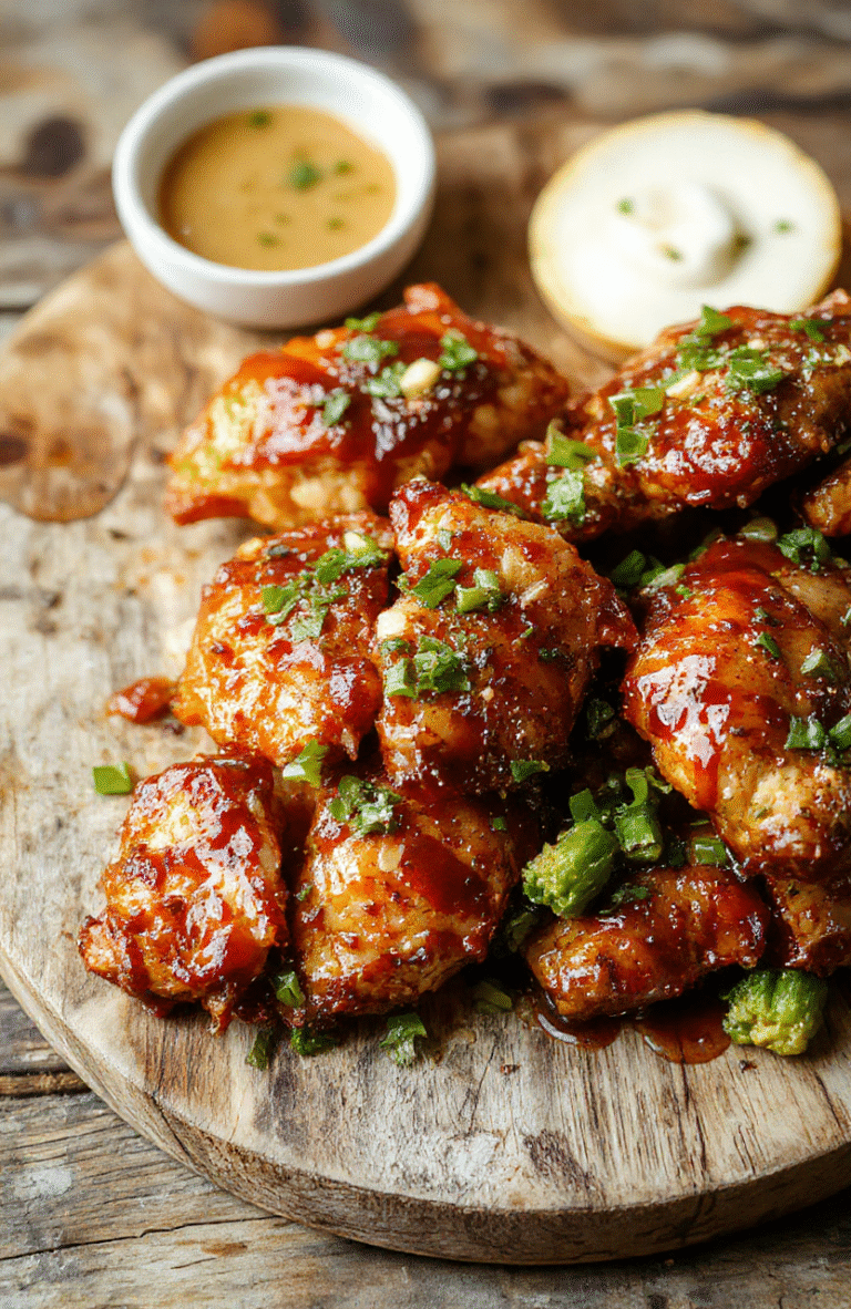 A vibrant plate of gluten-free air fryer teriyaki chicken featuring glazed, caramelized pieces with a glossy sheen, garnished with sesame seeds and scallions, styled on a white ceramic plate with a rustic wooden background, highlighting the crispy exterior and tender interior, topped with fresh herbs for an appetizing presentation.