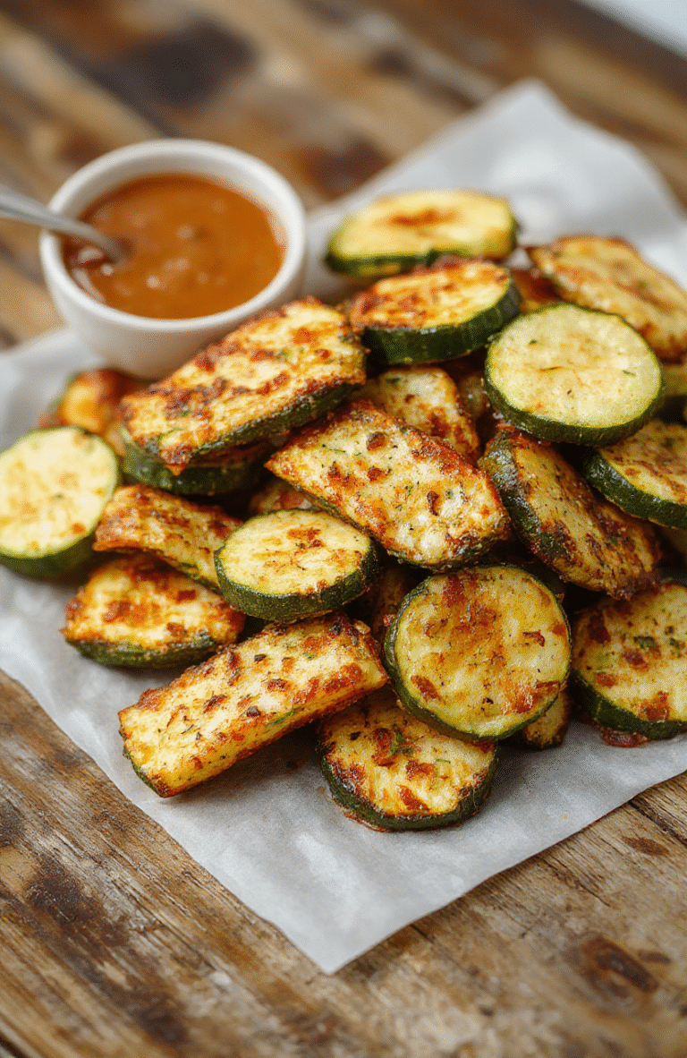 A vibrant plate of crispy air fryer zucchini fries with golden-brown edges, garnished with fresh herbs on a light wooden surface, highlighting their crunchy texture and appealing presentation.