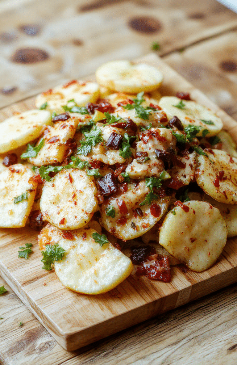 A vibrant plate of healthy apple nachos topped with caramel drizzle, almond slices, and mini chocolate chips. The apples are thinly sliced, arranged neatly on a white ceramic dish, showcasing their crisp texture. The drizzle and toppings add colorful contrast against the shiny, red-skinned apple slices, styled for an inviting, family-friendly snack presentation.