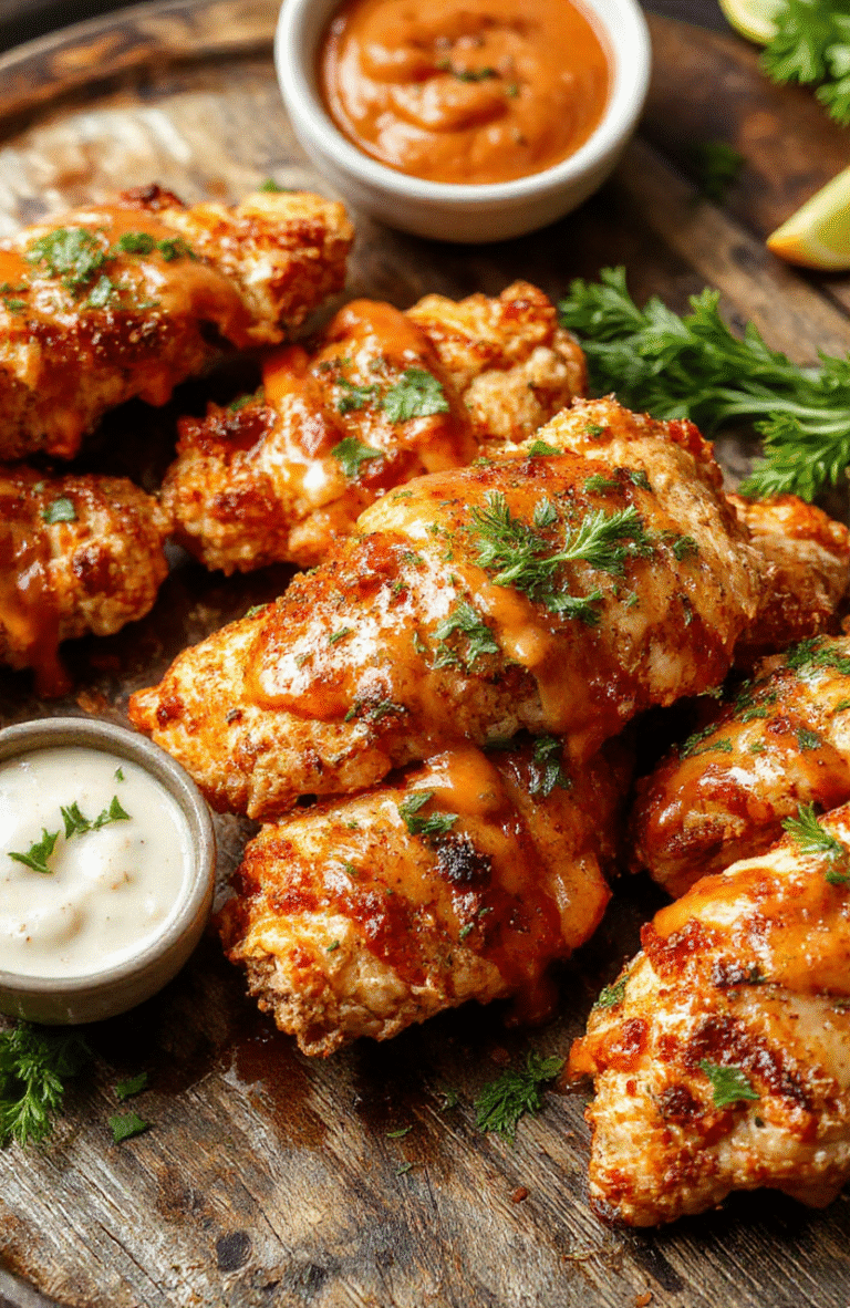 Colorful plate of golden-brown baked buffalo ranch chicken strips garnished with green herbs, served alongside fresh vegetable sticks, with a creamy ranch dipping sauce, styled in a casual, inviting setting.