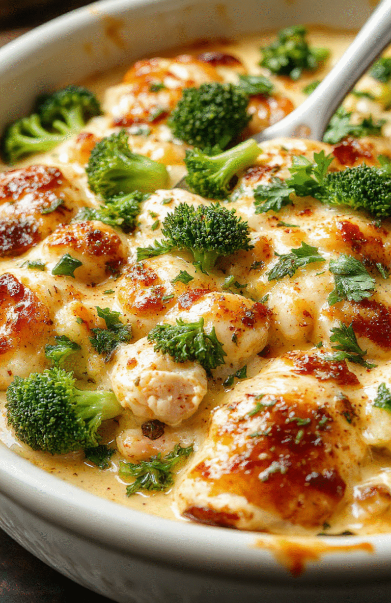 A vibrant broccoli chicken casserole in a rustic white baking dish, topped with melted cheese and fresh herbs. Bright green broccoli florets contrast with tender, shredded chicken and a bubbly golden cheese crust. The dish is placed on a wooden table with a side of whole broccoli and a spoon, styled simply with natural lighting emphasizing the fresh ingredients and creamy textures.