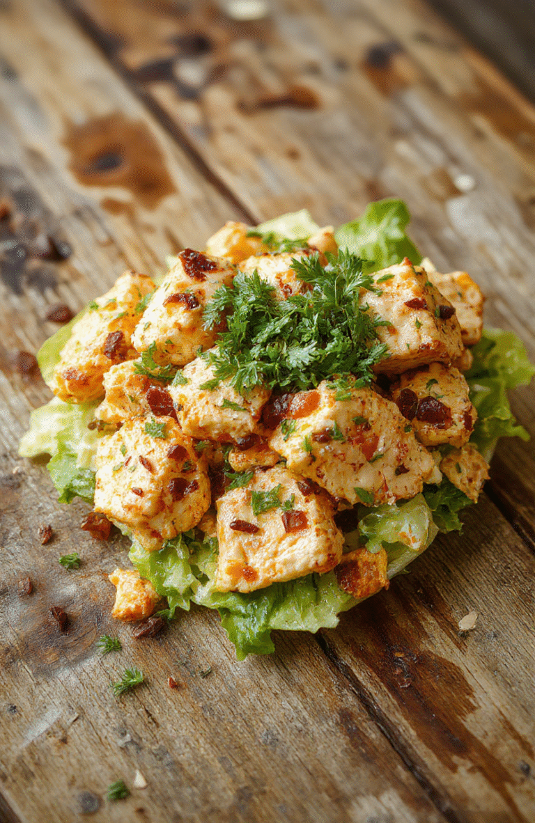 A vibrant bowl of buffalo chicken salad featuring shredded chicken coated in spicy buffalo sauce, topped with fresh celery slices and blue cheese crumbles, all arranged on a wooden platter with a drizzle of creamy dressing, garnished with chopped green herbs, and served with a side of crunchy lettuce. The bright colors and textures highlight freshness and bold flavor.
