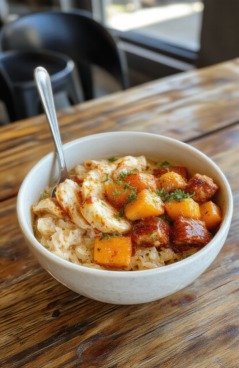 A colorful rice bowl featuring tender diced chicken, roasted sweet potato chunks, vibrant steamed vegetables, and a drizzle of sauce, all arranged neatly on a white plate. The dish showcases a variety of textures with crispy edges on the sweet potatoes and juicy chicken pieces, garnished with fresh herbs. The background is softly blurred, emphasizing the appetizing presentation and inviting warm meal atmosphere.