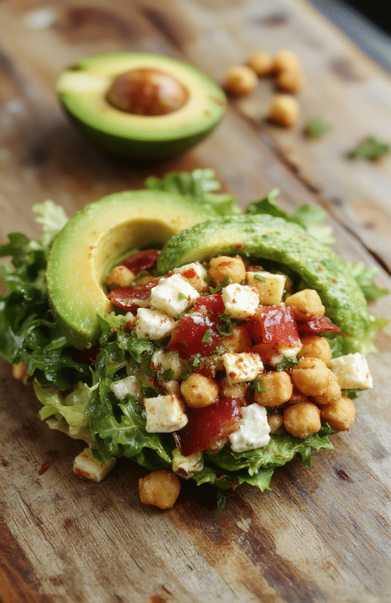 A vibrant bowl of chickpea feta avocado salad featuring creamy avocado chunks, crumbly feta cheese, golden chickpeas, cherry tomatoes, and fresh herbs, beautifully plated on a white rustic wooden surface with a colorful vegetable backdrop, highlighting the textures and fresh ingredients.
