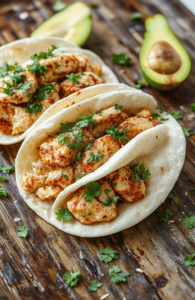 A vibrant plate of healthy crockpot chicken tacos featuring tender shredded chicken in warm corn tortillas, topped with fresh lettuce, diced tomatoes, shredded cheese, and a squeeze of lime. The colorful ingredients are displayed on a rustic wooden surface, with a side of sliced avocado and a small bowl of salsa, showcasing fresh textures and appetizing presentation.