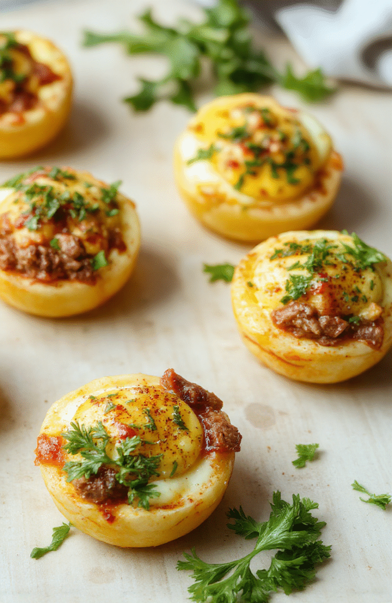 Colorful beef, cheese, and egg cups plated elegantly on a light wooden surface, highlighting their crispy edges and fluffy interior with fresh herbs garnished on top, styled simply for a casual, appetizing look.