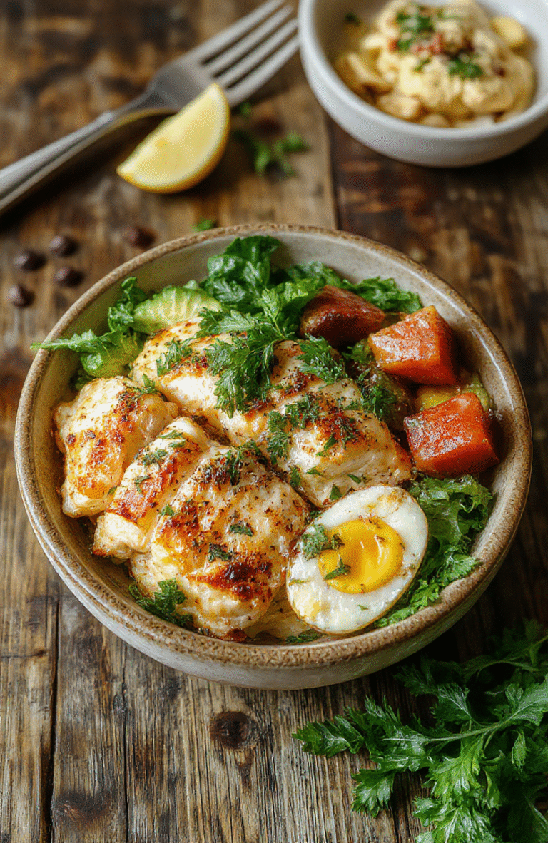 A vibrant Mediterranean chicken bowl featuring grilled chicken slices, cherry tomatoes, cucumbers, kalamata olives, and crumbled feta cheese arranged on a colorful platter. The bowl is garnished with fresh herbs, drizzled with a tangy dressing, with a backdrop of rustic wooden table setting and natural daylight highlighting the textures and fresh ingredients.