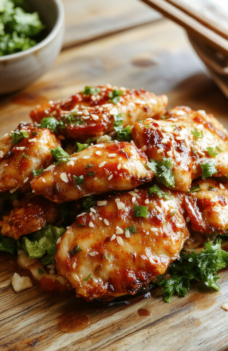 A vibrant plate of sesame chicken featuring golden-brown crispy chicken pieces coated in glossy sesame sauce, topped with toasted sesame seeds and sliced green onions. The dish is served on a white ceramic plate, garnished with fresh herbs, with a background of a rustic wooden table highlighting a casual, inviting dinner setting.