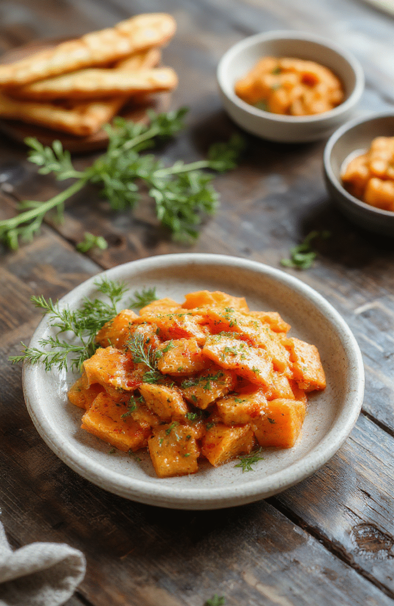 A vibrant plate of mashed carrots with a smooth texture, garnished with fresh herbs, served on a rustic wooden board, showcasing warm orange hues and a hint of green from the herbs, styled simply with natural lighting highlighting the freshness and healthiness of the dish.