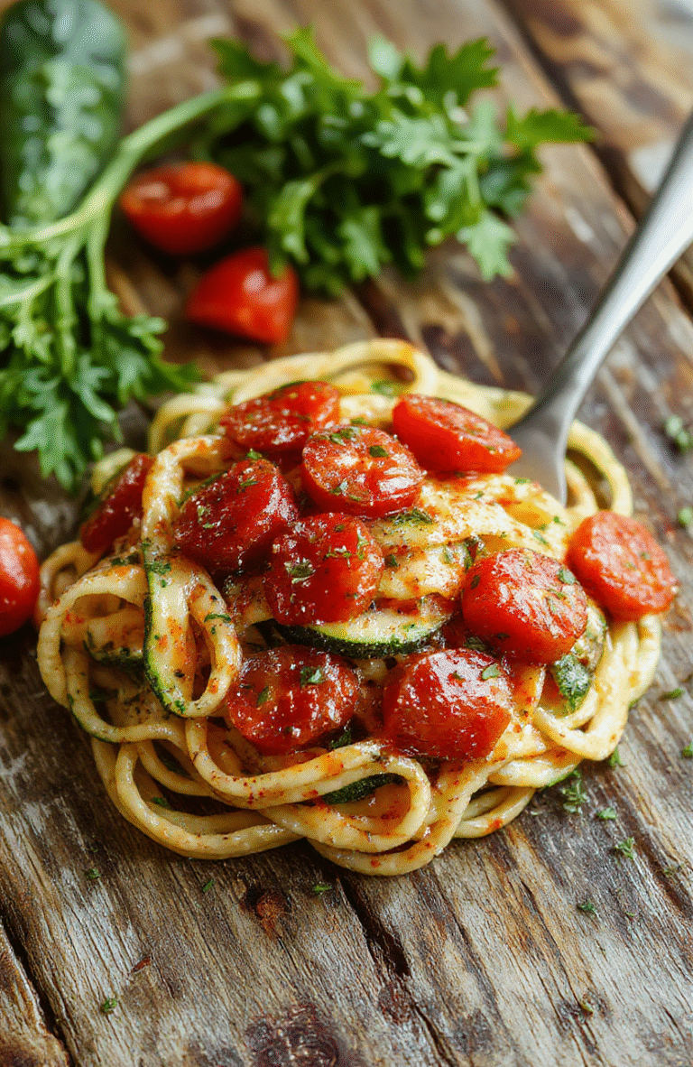 A vibrant plate of zucchini noodles topped with fresh cherry tomatoes, sprinkled with herbs, garnished with grated cheese, colorful and appetizing, neatly styled on a rustic plate with a blurred background