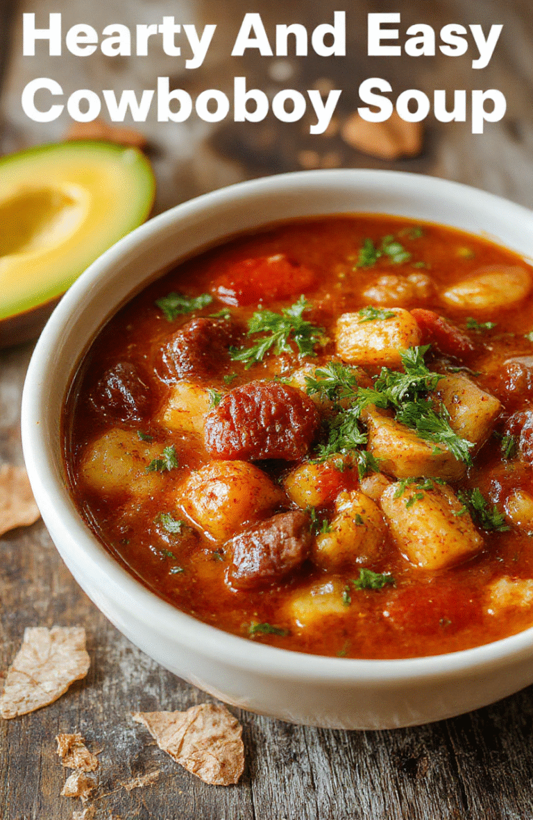 A colorful bowl of hearty cowboy soup filled with chunks of tender beef, red beans, corn, diced tomatoes, and vibrant green herbs, served in a rustic white bowl on a wooden tabletop with a spoon resting beside it. The soup has a thick, inviting texture and a warm, comforting appearance with steam gently rising.
