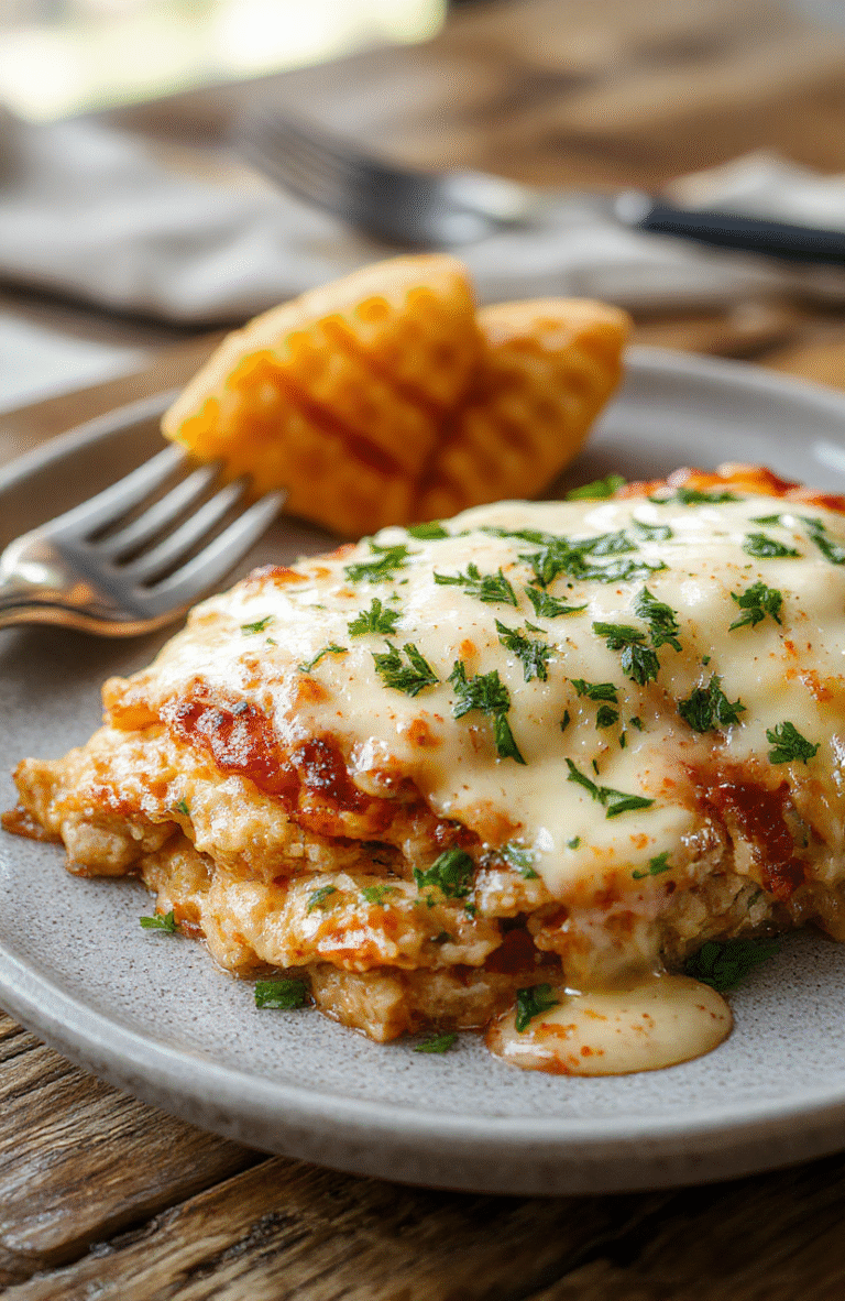 A vibrant plate of chicken parmesan casserole topped with melted cheese and fresh basil, served alongside a side of roasted vegetables, showcasing a golden crust and juicy chicken pieces with a creamy tomato sauce, styled on a rustic wooden table with natural lighting.