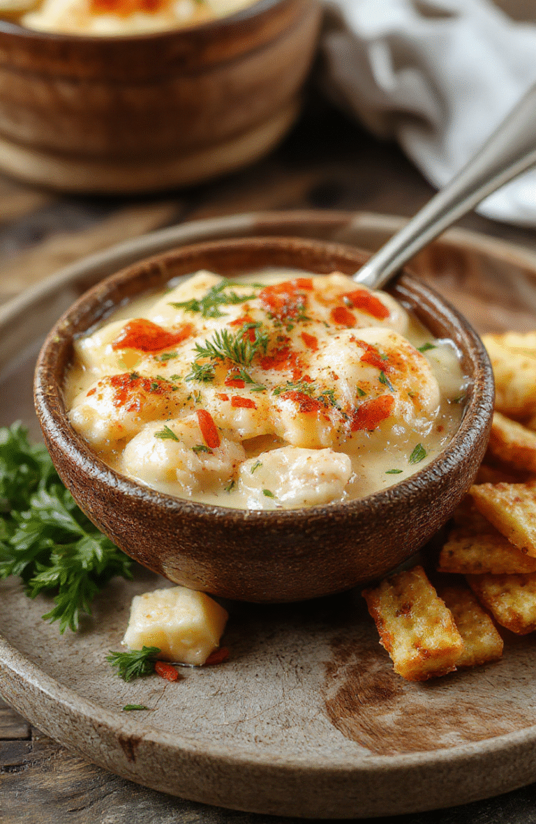 A vibrant bowl of crustless chicken pot pie featuring tender shredded chicken, mixed vegetables, and a golden crispy top, garnished with fresh herbs on a rustic wooden table, showcasing textures and colors of the filling with a comforting, hearty appearance.