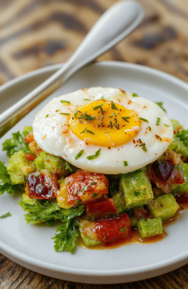 A vibrant plate of egg and avocado salad featuring sliced ripe avocados, chopped hard-boiled eggs, cherry tomatoes, and fresh herbs, arranged on a rustic white plate with a sprinkle of black pepper, set against a natural wooden background. The textures of creamy avocado and fluffy eggs contrast beautifully, with colorful garnishes adding visual appeal.