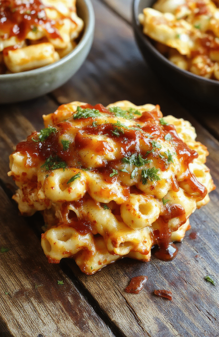 A vibrant plate of creamy mac and cheese topped with tender BBQ chicken pieces and drizzled with honey BBQ sauce, garnished with chopped herbs, presented on a rustic wooden table with a colorful backdrop, highlighting textures of melted cheese and crispy chicken skin.