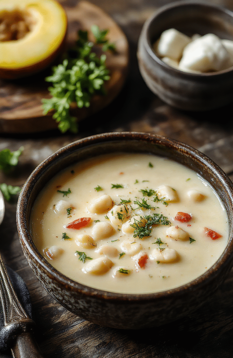 A vibrant bowl of creamy white bean soup garnished with fresh herbs and a drizzle of olive oil, served on a rustic wooden table with bread in the background, showcasing a comforting, hearty texture and inviting presentation.