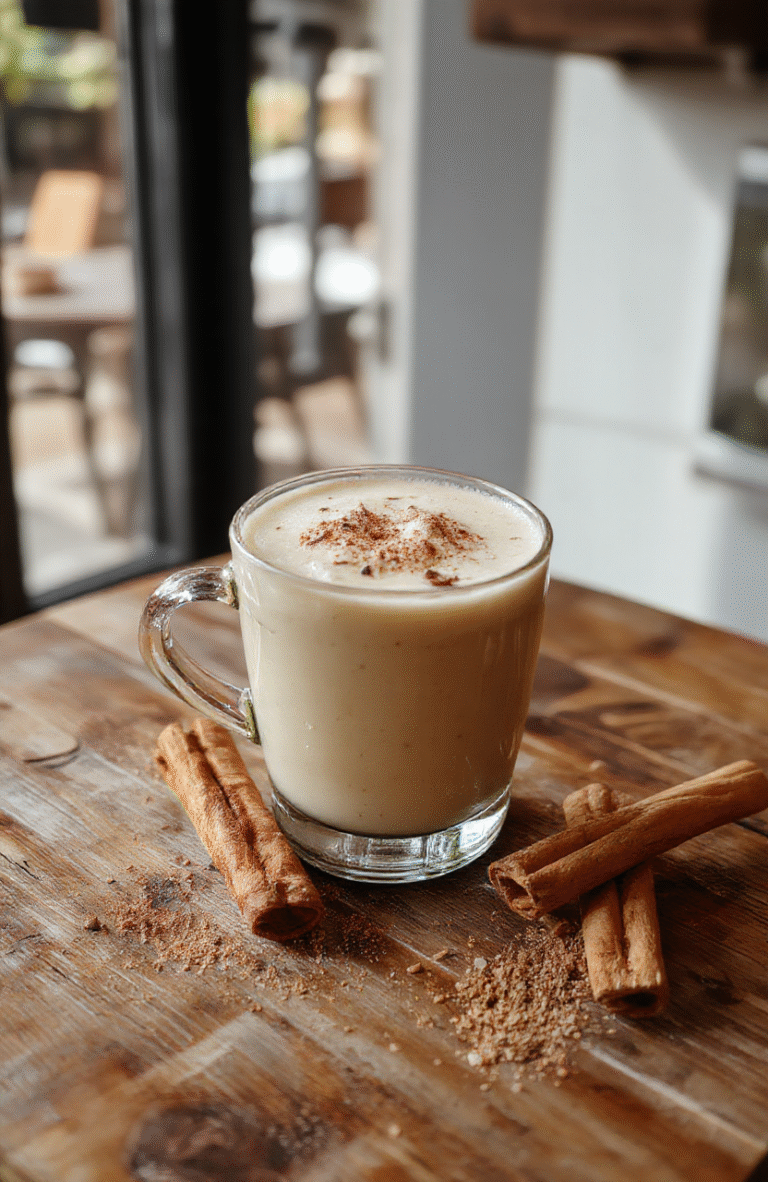 A warm vanilla cinnamon latte in a clear glass mug topped with whipped cream and a sprinkle of cinnamon, surrounded by cinnamon sticks and vanilla beans. The latte has a creamy texture with swirls of cinnamon and vanilla, styled with a cozy sweater in the background and soft natural lighting highlighting the inviting presentation.