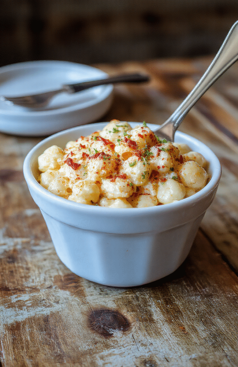 A creamy bowl of mac and cheese topped with crispy honey pepper glazed chicken pieces, vibrant yellow cheese sauce, garnished with fresh herbs on a rustic wooden table with natural lighting