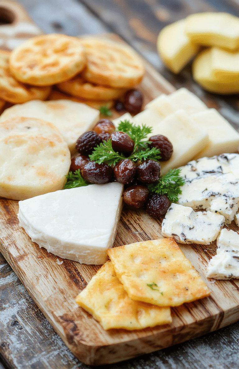 Colorful kid-friendly cheese board with an assortment of sliced cheeses, fresh fruits like berries and grapes, mini crackers, and fun snack items arranged in a vibrant, inviting manner, styled on a rustic wooden board with playful touches suitable for children.