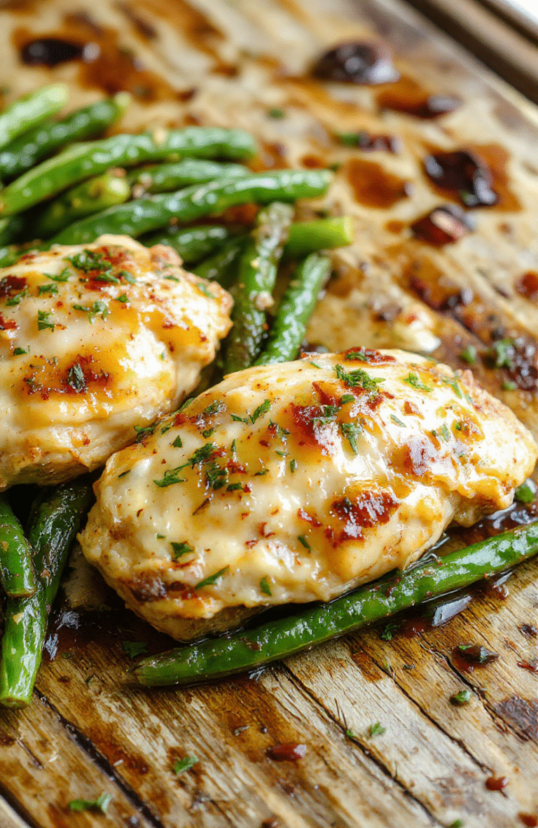 A vibrant plate featuring golden-brown chicken thighs glazed with lemon garlic butter, accompanied by bright green beans, garnished with fresh herbs. The dish is beautifully plated on a rustic wooden surface, with a drizzle of lemon sauce and a sprinkle of herbs, showcasing a perfect balance of crispy skin and tender meat.