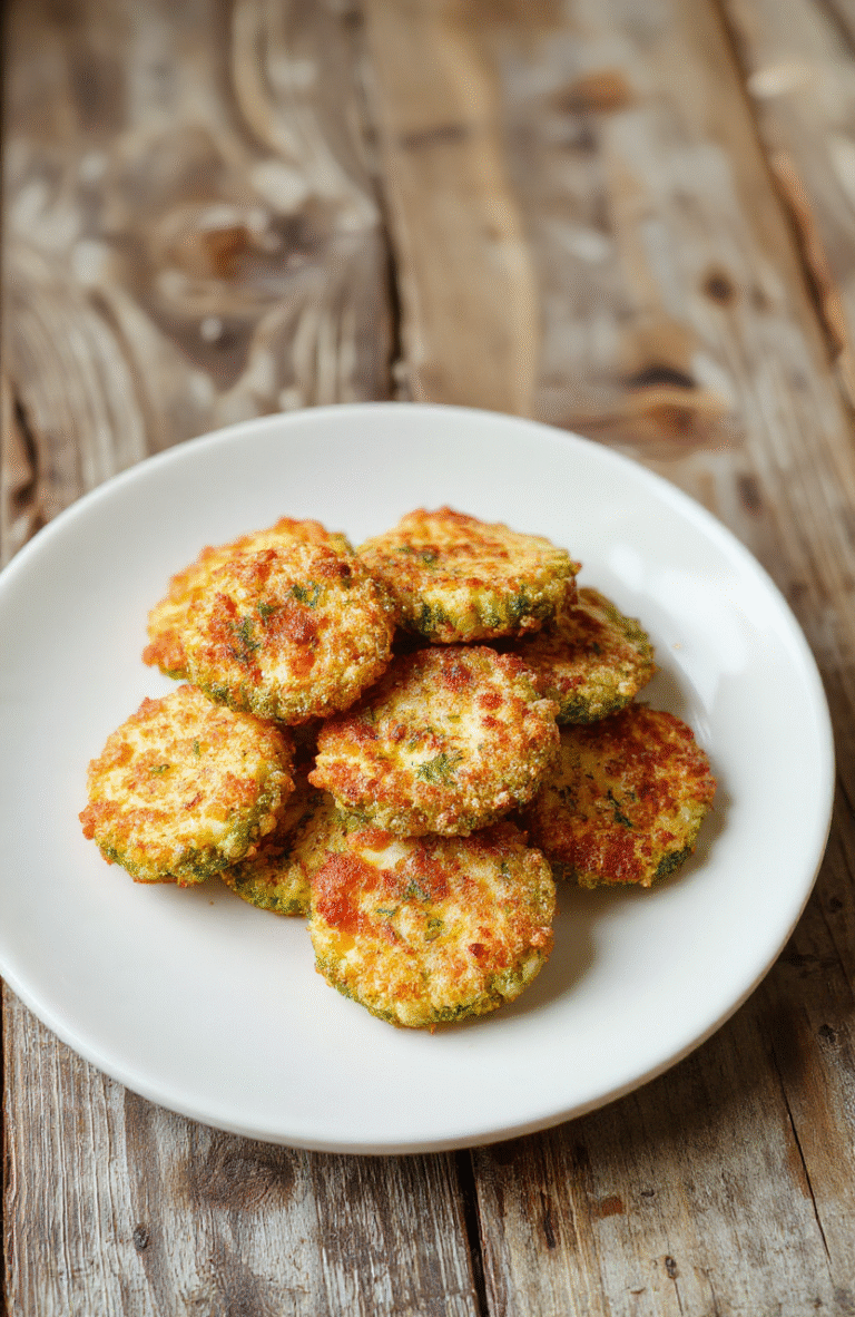 Golden-brown crispy broccoli cheese rounds arranged on a white plate, showing textured cheese crust and vibrant green broccoli inside, styled with a rustic wooden background and soft natural lighting.