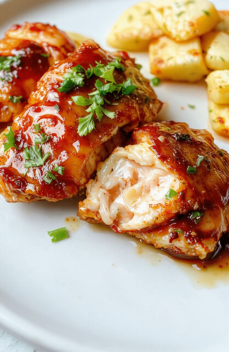 A close-up of a golden-brown honey butter chicken fillet drizzled with glossy honey glaze, served on a rustic white plate with sprigs of fresh herbs, surrounded by a light sprinkle of crushed pepper and a side of buttery mashed potatoes, styled on a wooden table with soft natural lighting highlighting the flaky, tender texture.