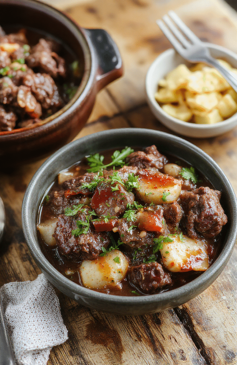 A rustic bowl of beef bourguignon featuring tender chunks of beef in a rich, dark wine sauce, garnished with fresh herbs and served alongside crusty bread, on a wooden table with natural daylight highlighting the glossy textures and vibrant colors.