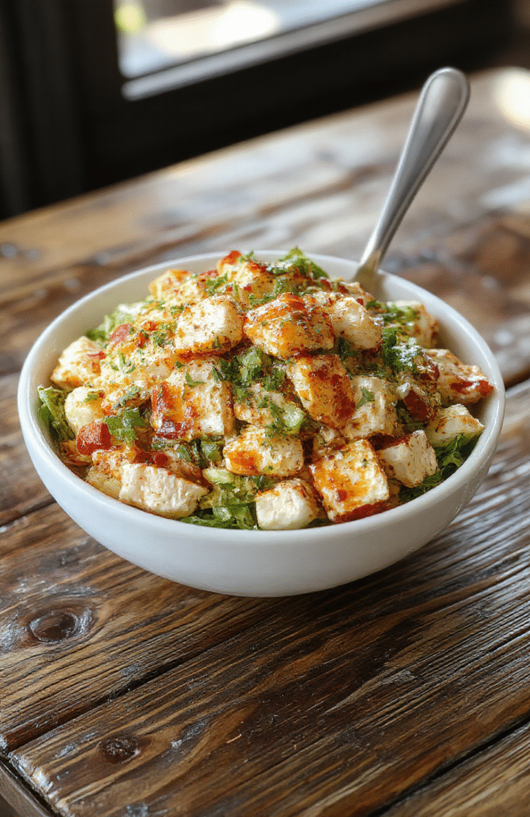 Colorful chicken salad served in a clear bowl on a rustic wooden table, garnished with fresh herbs, crunchy vegetables, and a drizzle of dressing, showing textures of shredded chicken, crisp veggies, and creamy dressing, styled simply to emphasize freshness and appeal.