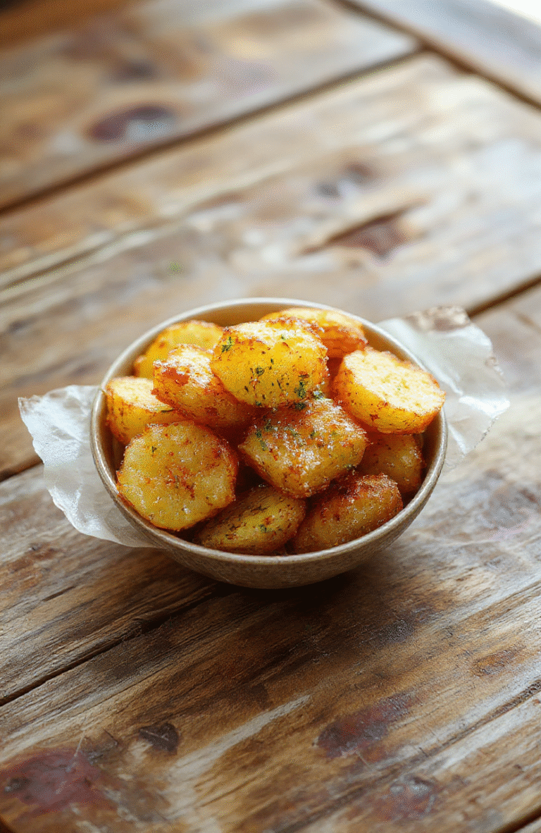 Golden brown mini potato bites arranged on a white plate with garnished fresh herbs, crispy textures visible, served on a rustic wooden table with vibrant colors and inviting presentation.