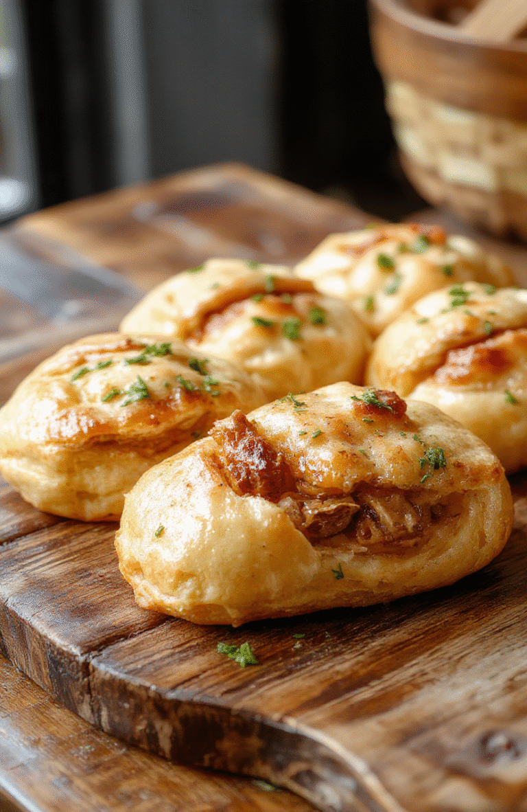 Golden brown pulled beef pastry puffs arranged on a rustic wooden platter, flaky and crispy exterior with visible savory beef filling, garnished with fresh herbs, styled casually with a neutral background and soft natural lighting